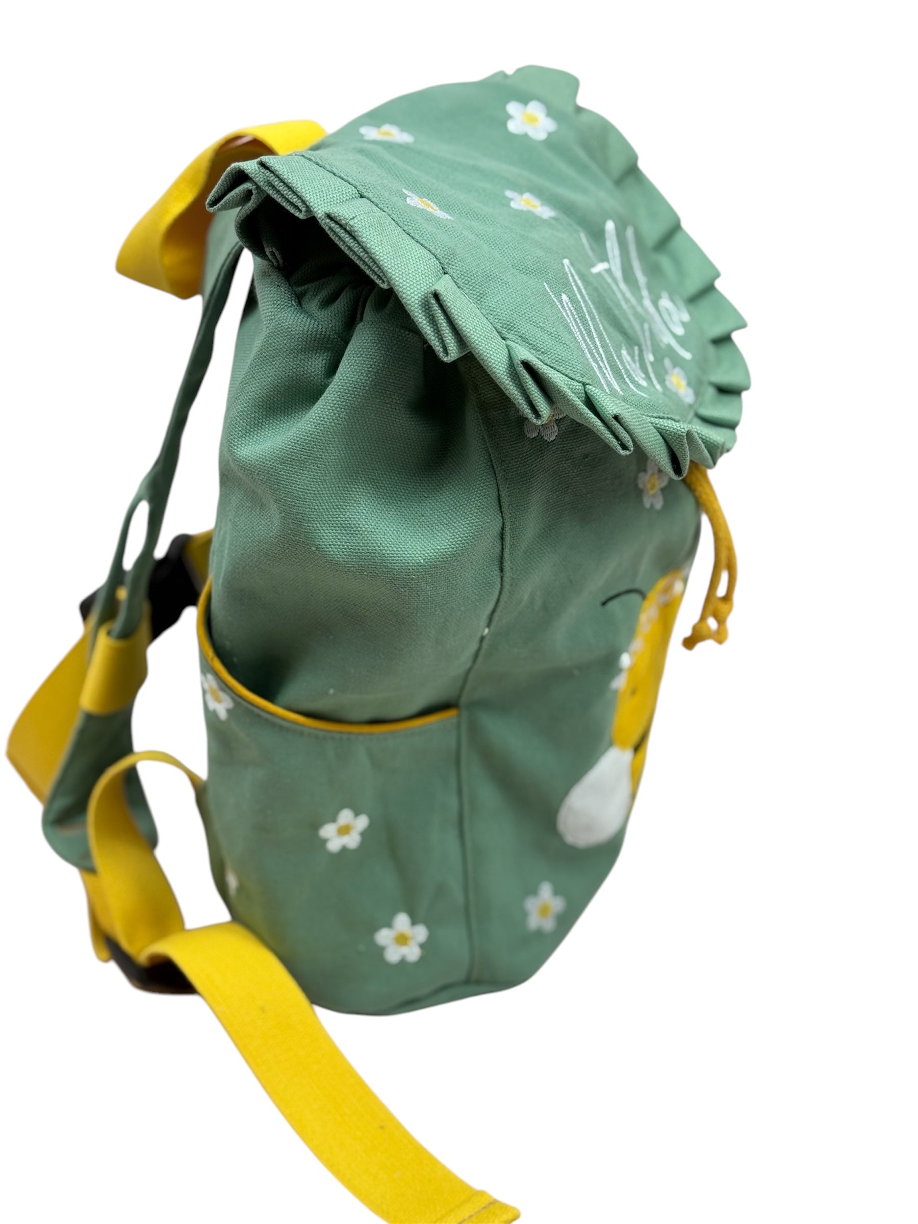 Handgemacter Kita-Rucksack mit Bienenmotiv, bestickt mit Blumen, Sicht auf Seitentaschen